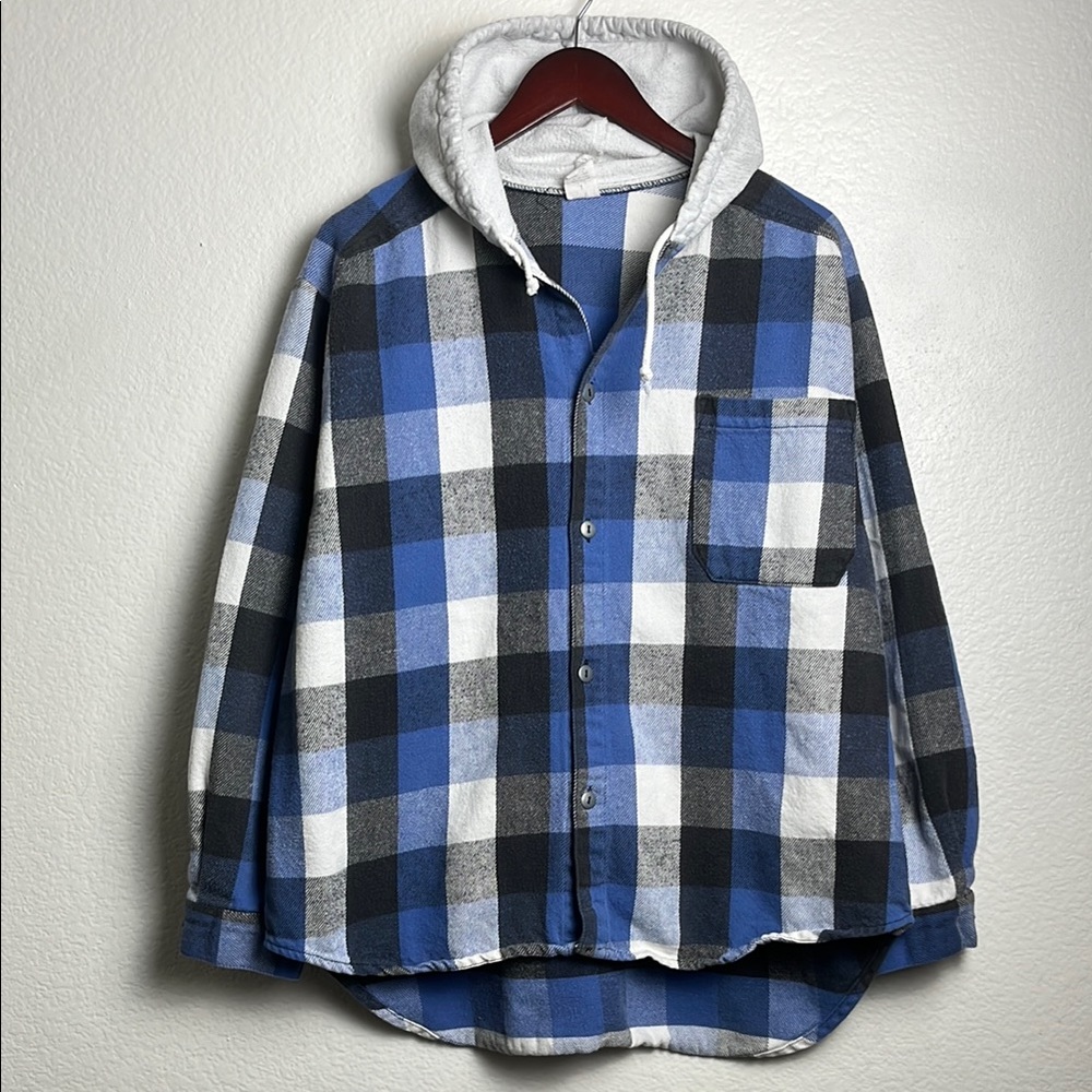 Blue and Black Plaid Men's Shirt w Hood